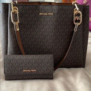 Michael Kors Brown Monogram Tote with Gold Hardware